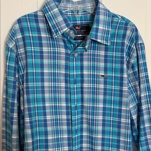 Vineyard Vines Boy’s Teal and Blue Plaid Shirt, Size 18 (XL)